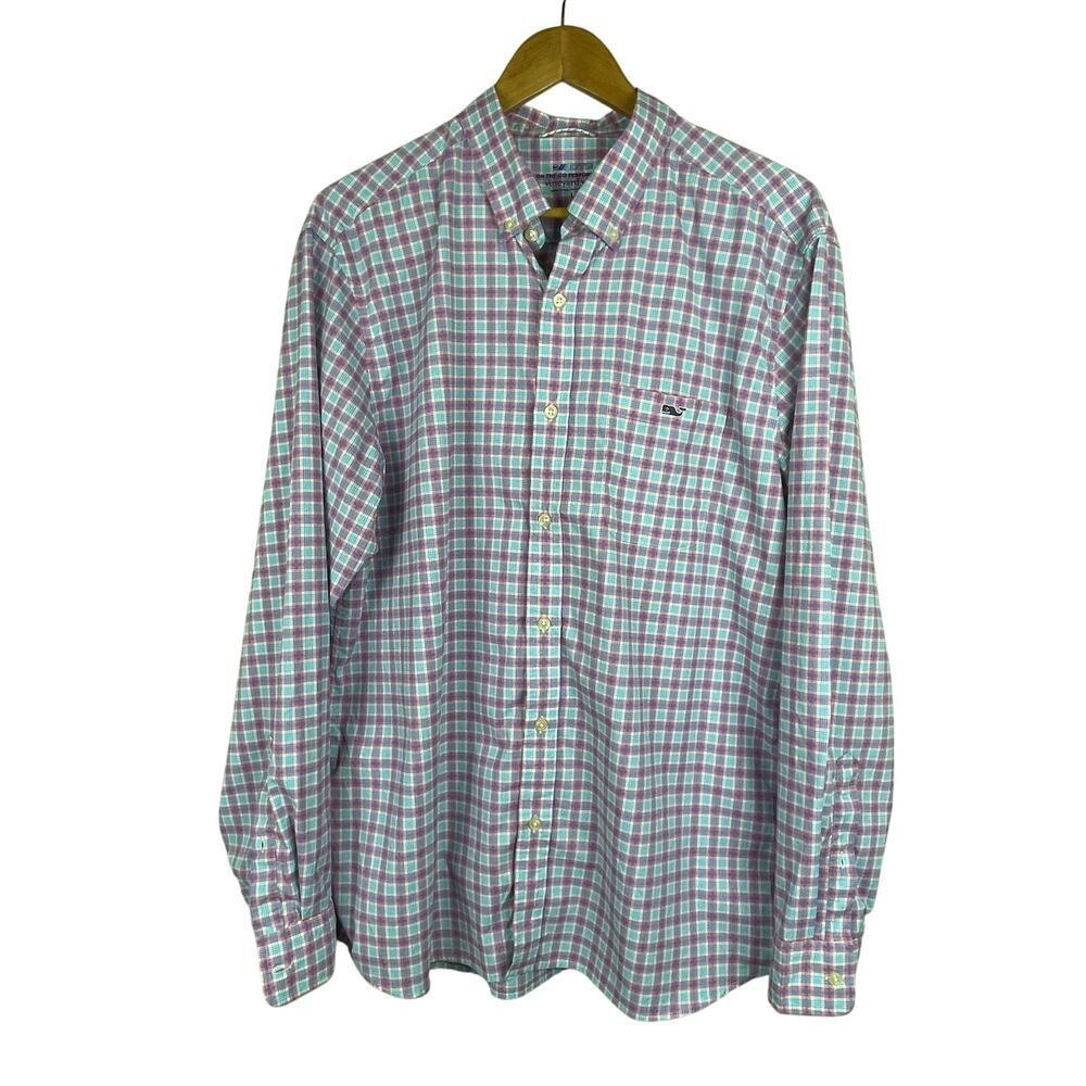 Vineyard Vines Men's On-The-Go‎ Performance OTC Shirt - Blue Pink Plaid - Size L